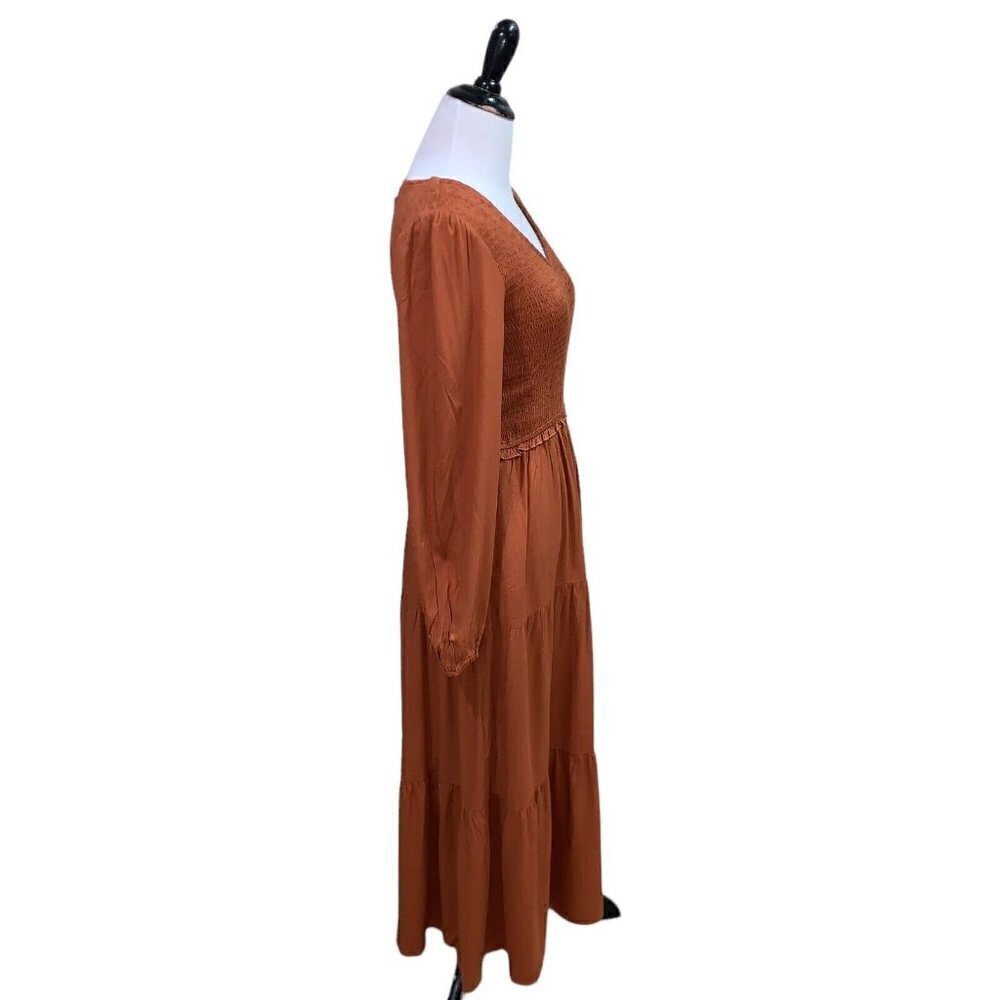 MEROKEETY Women's S Small Boho Midi Dress Long Sleeve V-Neck High Waist Tiered - Picture 4 of 8